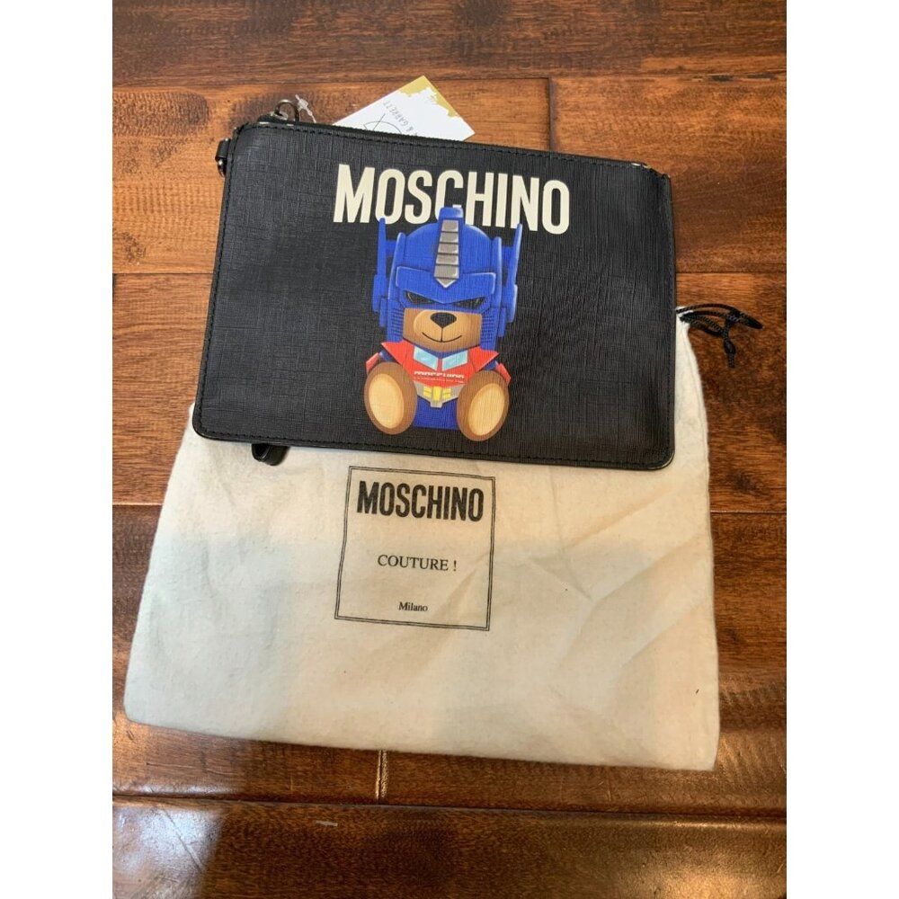 Moschino Couture Black Leather Transformers Clutch Wristlet W/ Dust Bag